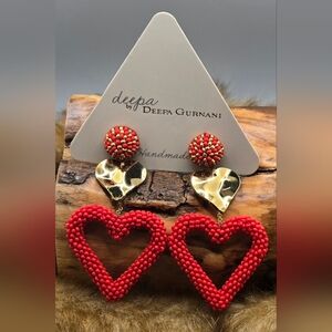 Deepa Gurnani Heart Earrings Handmade Red Seed Beads Gold Tone Pierced Stud NWT